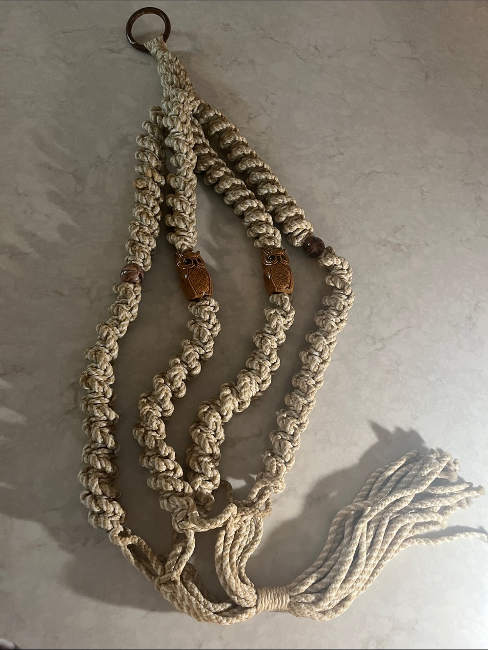 Vintage Macrame hand made 1970’s  Plant Hanger with glass owls unique strong